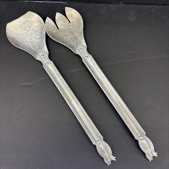 Unbranded Other - Hammered Aluminum Salad Serving Utensils Hand Carved Vintage